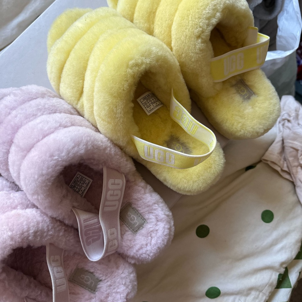 UGG Fluffy Slippers in Soft Yellow and Light Pink